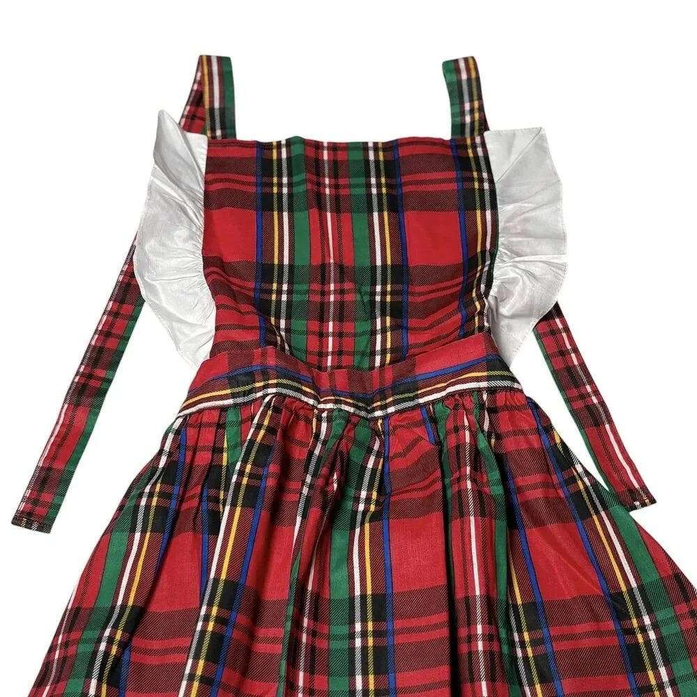 Vintage Christmas Plaid Hostess Apron Red Green Silver Ruffle Full Skirt Retro